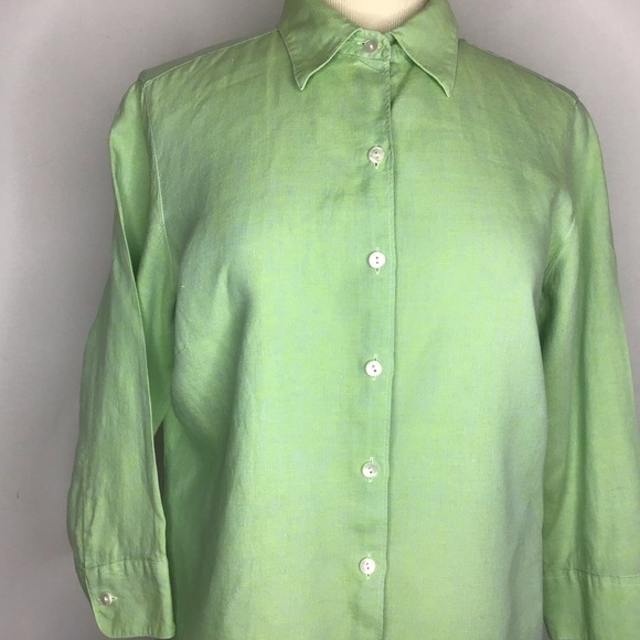 LL Bean 100% linen sherbet  green 3/4 sleeve button up pointed collar shirt Med - Picture 3 of 10
